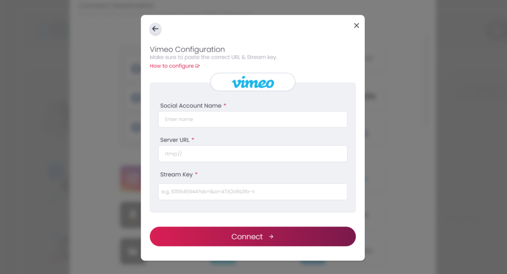 How to connect Vimeo with OneStream Live Step 2