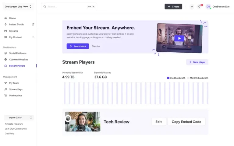 Stream Players analytics dashboard showing real-time bandwidth monitoring and streaming performance metrics
