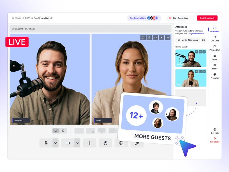 OneStream Live Studio on Microsoft Edge browser with guests joining a live stream on screen