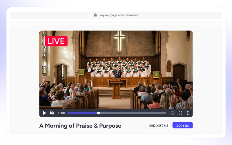 Streaming platform for churches with a branded live service page, player controls, and join buttons