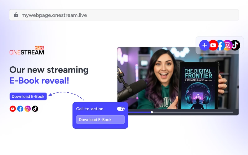 Custom website builder interface showing how to create a website with drag-and-drop design tools for live streaming