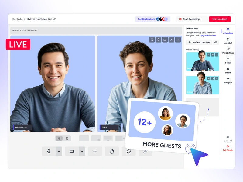 OneStream Live Studio on Google Chrome browser with guests joining a co-stream session