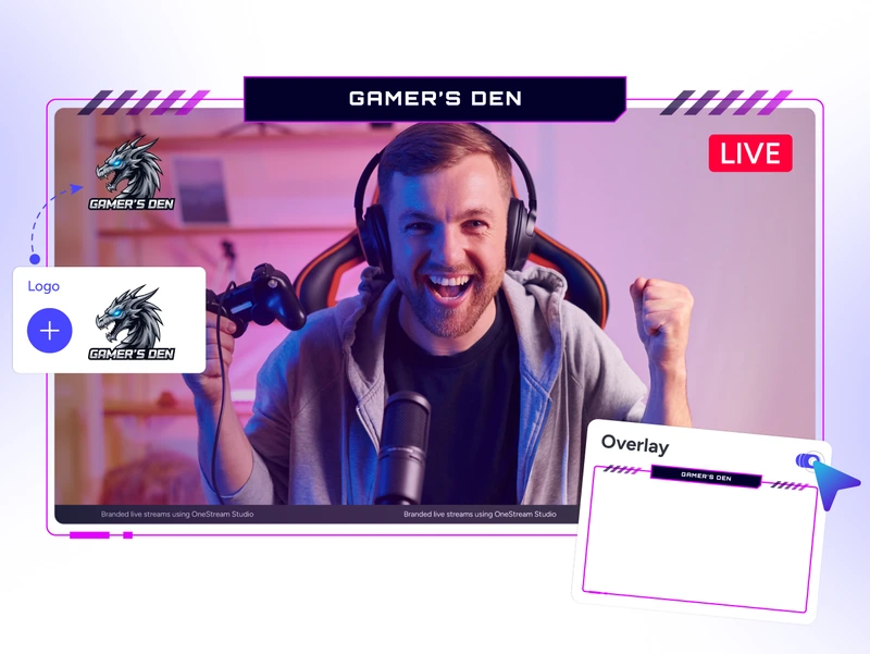 Custom overlays and branding tools for live game streaming, helping creators build a recognizable video game stream with branded on-screen visuals.