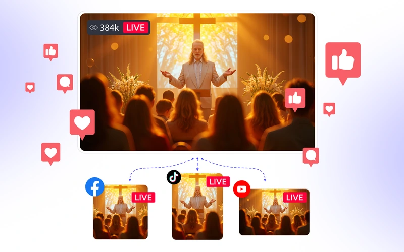 Church live streaming service broadcasting worship to Facebook, TikTok, and YouTube for wider outreach