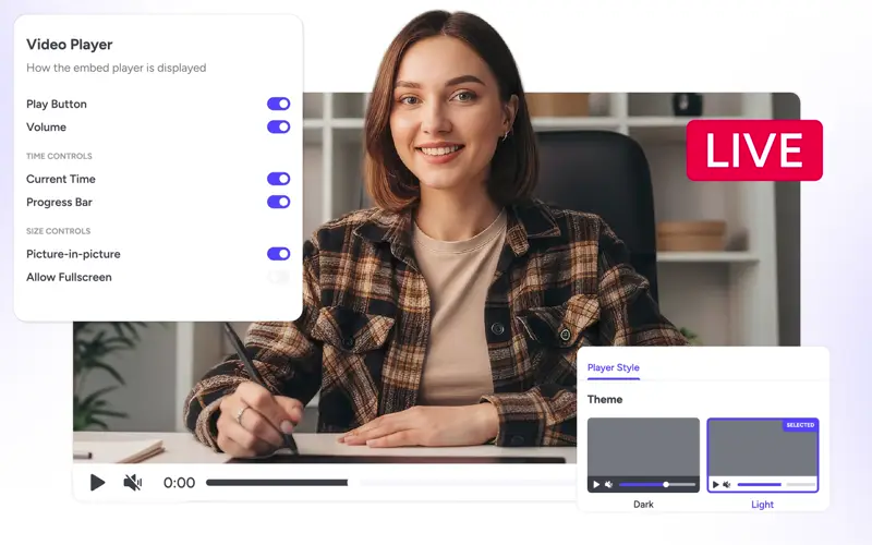 Stream Players customizable video player interface with theme options and playback controls for embedding live streams on websites