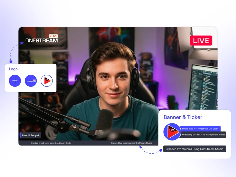 Custom branding and overlay tools for playlist streaming with logos, intros, and lower thirds