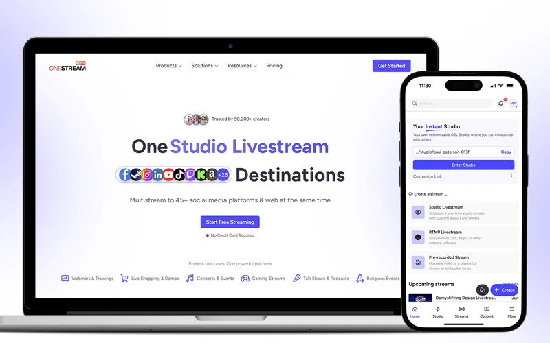 OneStream Live product screenshots from the media kit showing the dashboard and features.