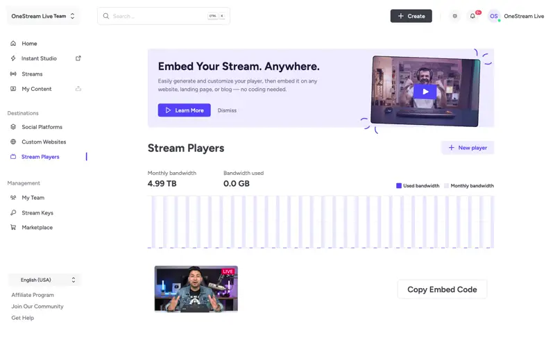 Embed stream player - live video streaming solution for websites and blogs