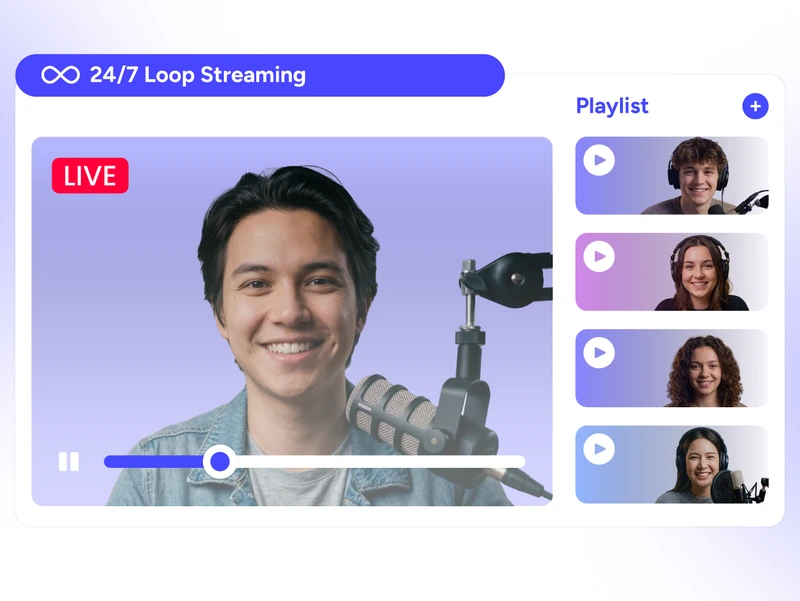 24/7 loop streaming playlist screen for continuous prerecorded live streaming