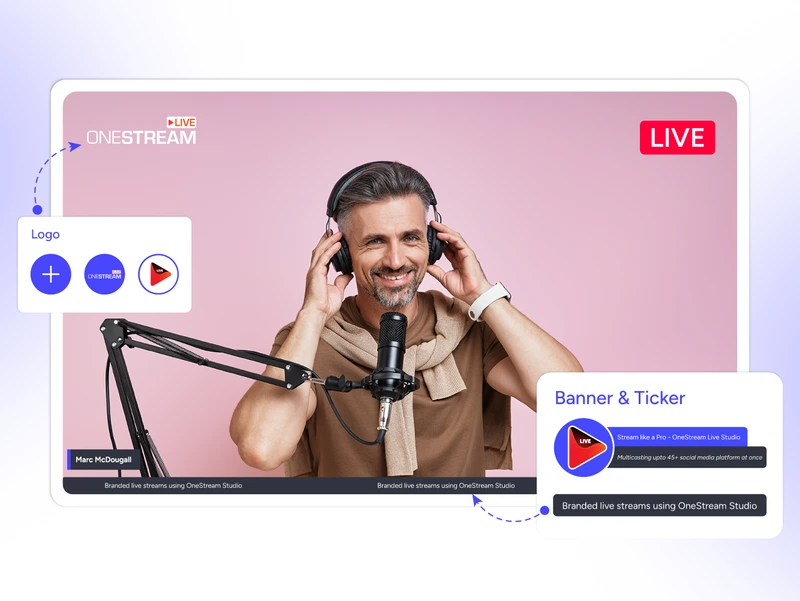 Live podcasting studio with full visual control, custom overlays, branded backgrounds, and flexible stream layouts in OneStream Live