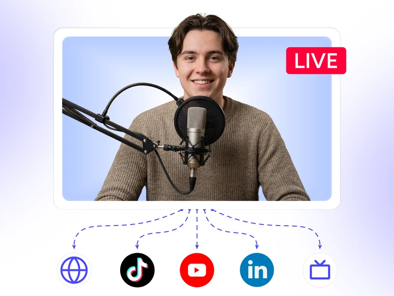Multiplatform agency live streaming dashboard for broadcasting client streams to social media, websites, and hosted pages