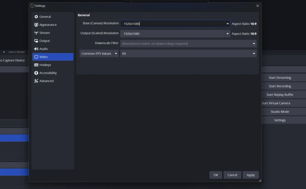 Confirm Resolution and FPS in OBS Studio