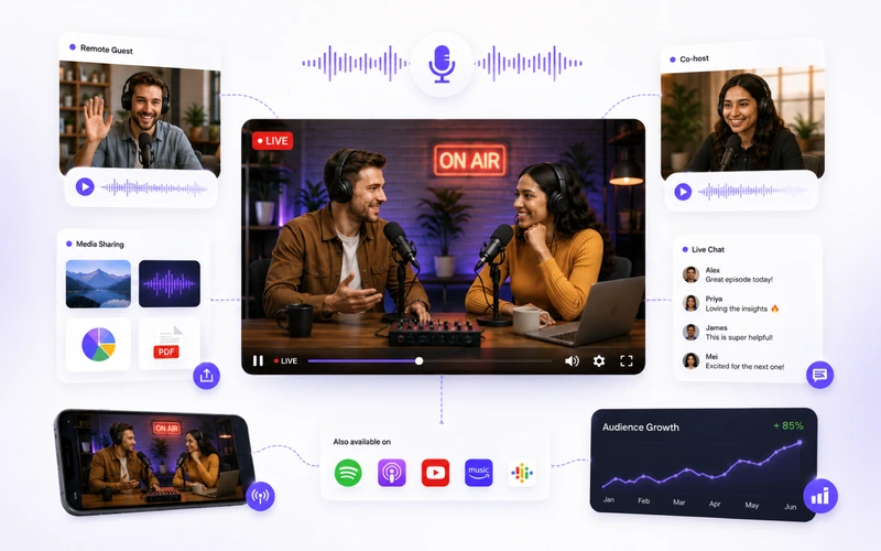 Podcaster streaming live episodes and distributing content across multiple platforms
