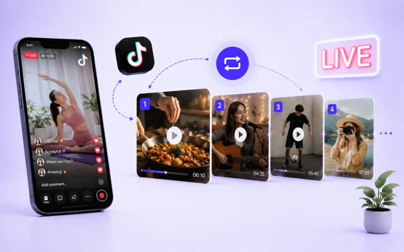 Playlist streaming pre-recorded videos as a live stream on TikTok