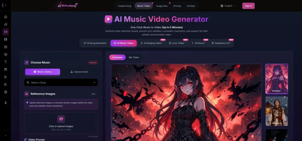 MakeSong AI interface turning lyrics into song and video