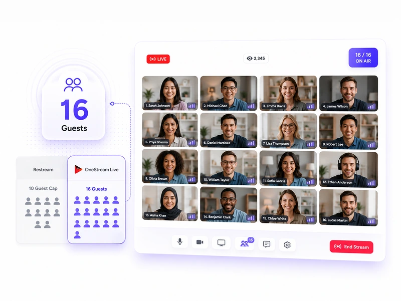 Alternative To Restream 16 Guest Live Studio showing OneStream Live best features for all streamers.
