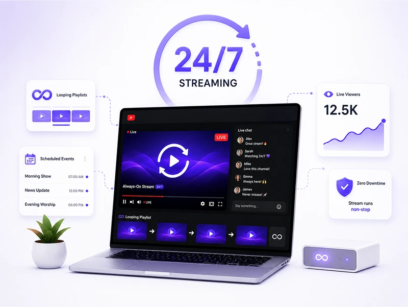 Always-on streaming workflow has continuous live broadcasts and content playback for a powerful Streamlabs Alternative.