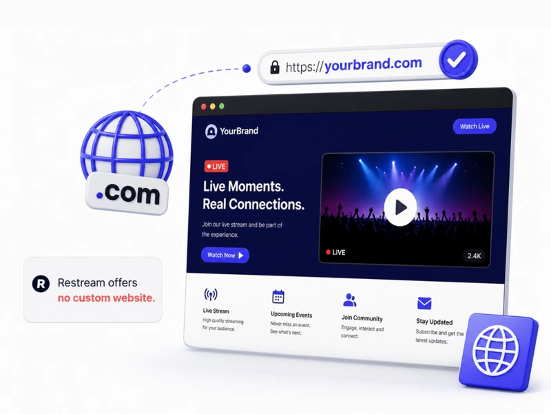 Custom Websites feature showing branded streaming pages with embedded live video and audience access as a Streamyard Alternative.