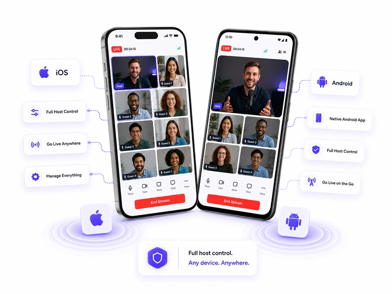 16-Guest Live Studio for a online broadcast at OneStream Live as a streamyard alternative. OneStream Live Mobile hosting app can control live streaming from smartphones as a streamyard alternative.