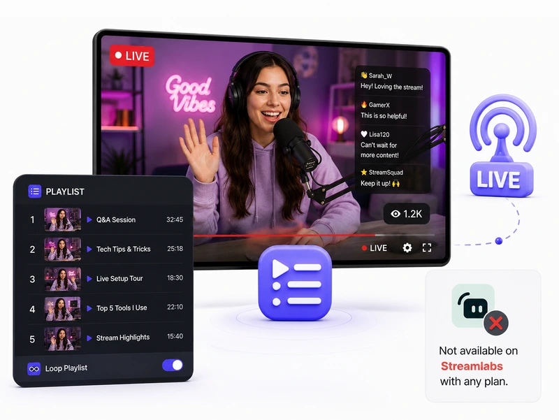 Playlist streaming of video content and broadcasts for creators - best Streamlabs Alternative
