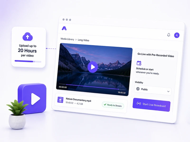 Pre Recorded Streaming visual showing OneStream Live streaming features - best Streamlabs Alternative.