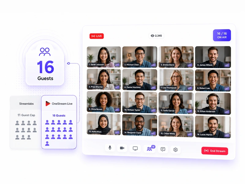16-Guest Live Studio has multiple guest participants and collaborative broadcasting controls, highlighting a powerful Streamlabs Alternative.