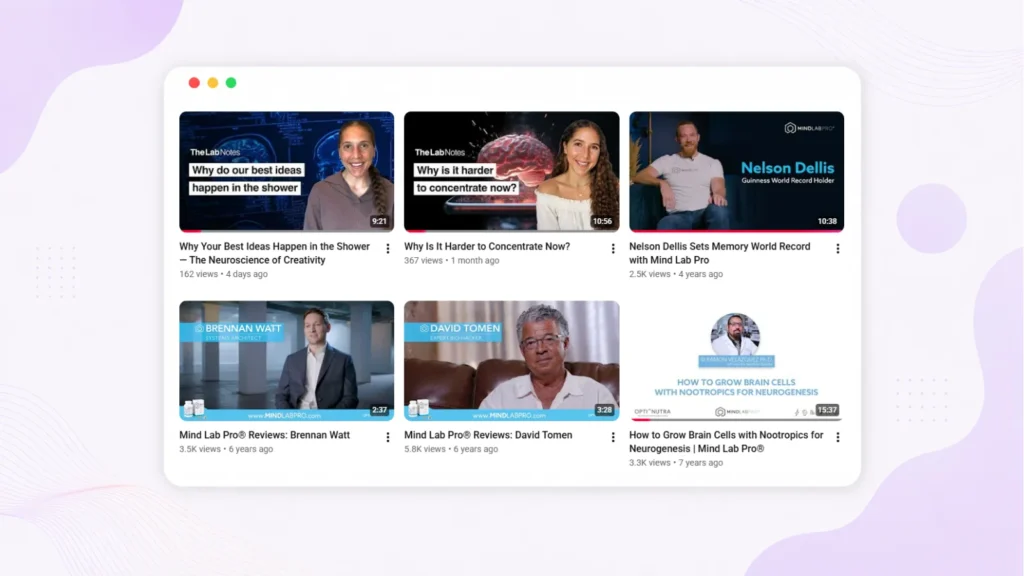 Mind Lab Pro YouTube videos showing how a clear brand voice can combine scientific credibility with approachable educational content.