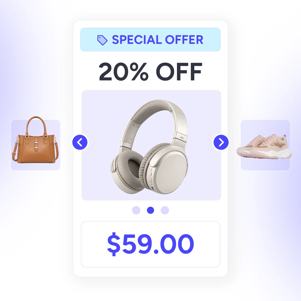 Product images rotating automatically on a live shopping card while the QR code stays visible