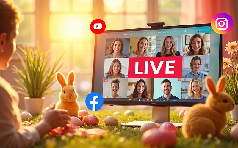 Virtual Easter Hunt party streaming setup with guests, overlays, media, and custom branding