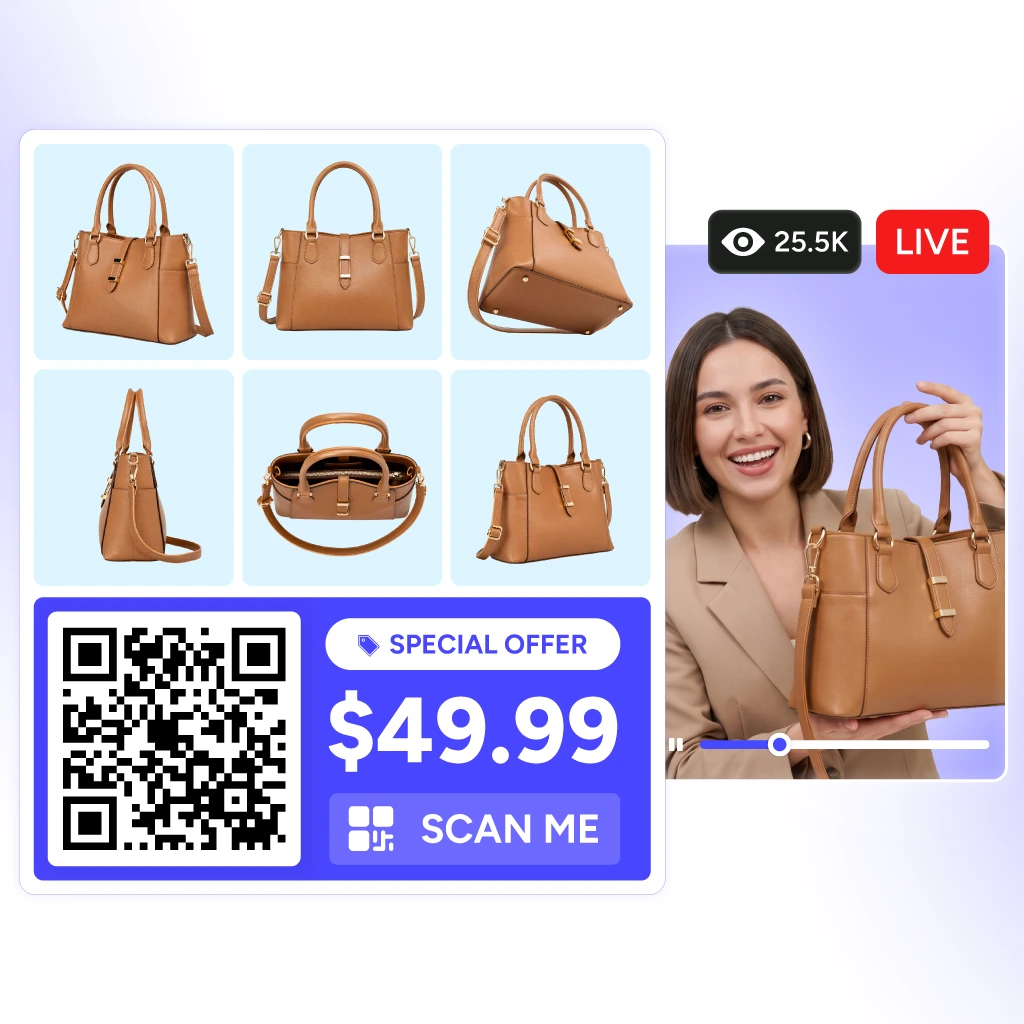 Product card showing multiple product images from different angles during a livestream