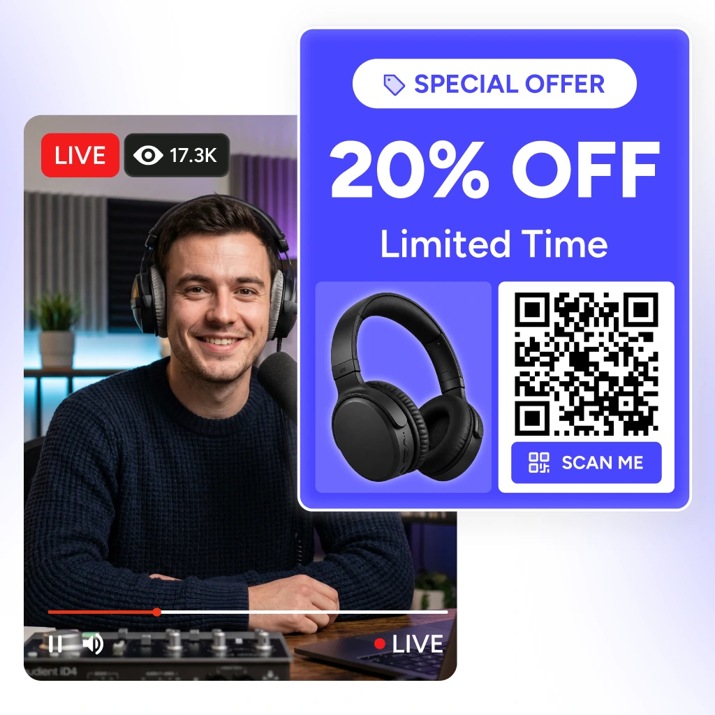 Live Sales promo QR card highlighting a branded deal with product image and scannable QR code