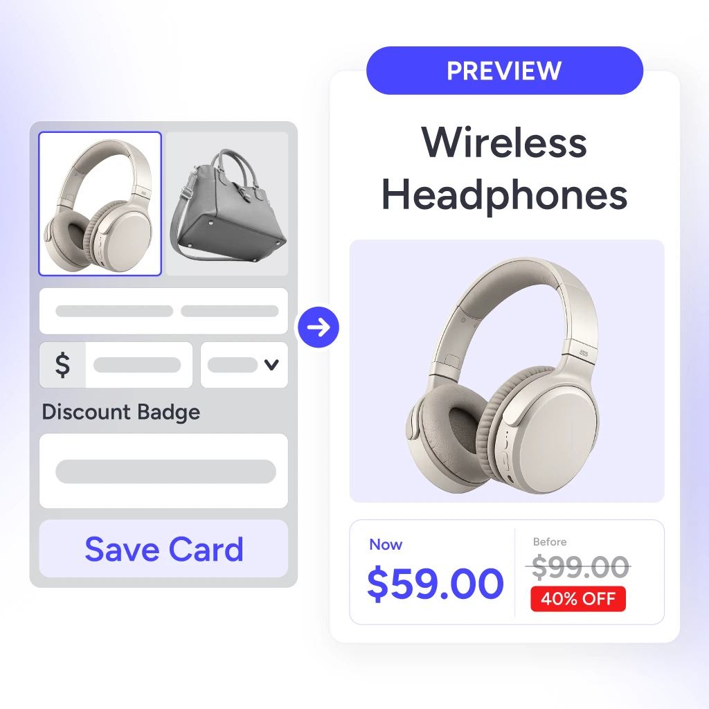 Live Sales real-time preview showing how a product card will appear on screen before going live