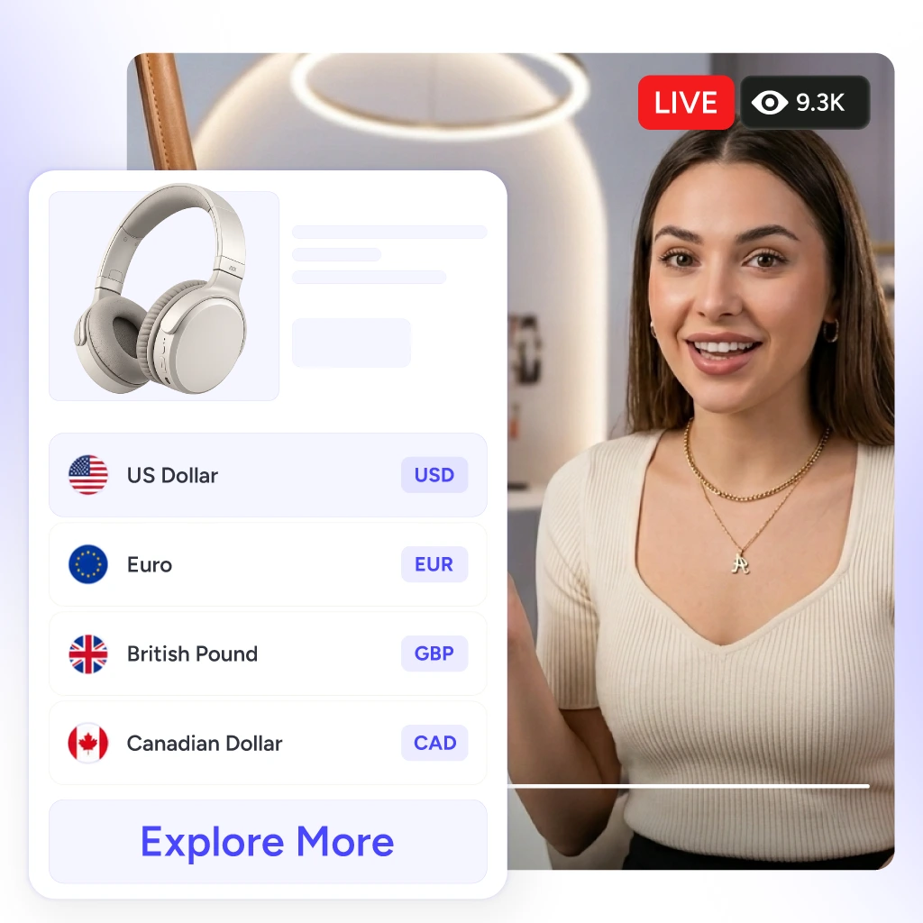 Live Sales product pricing displayed in multiple currencies for global livestream shoppers