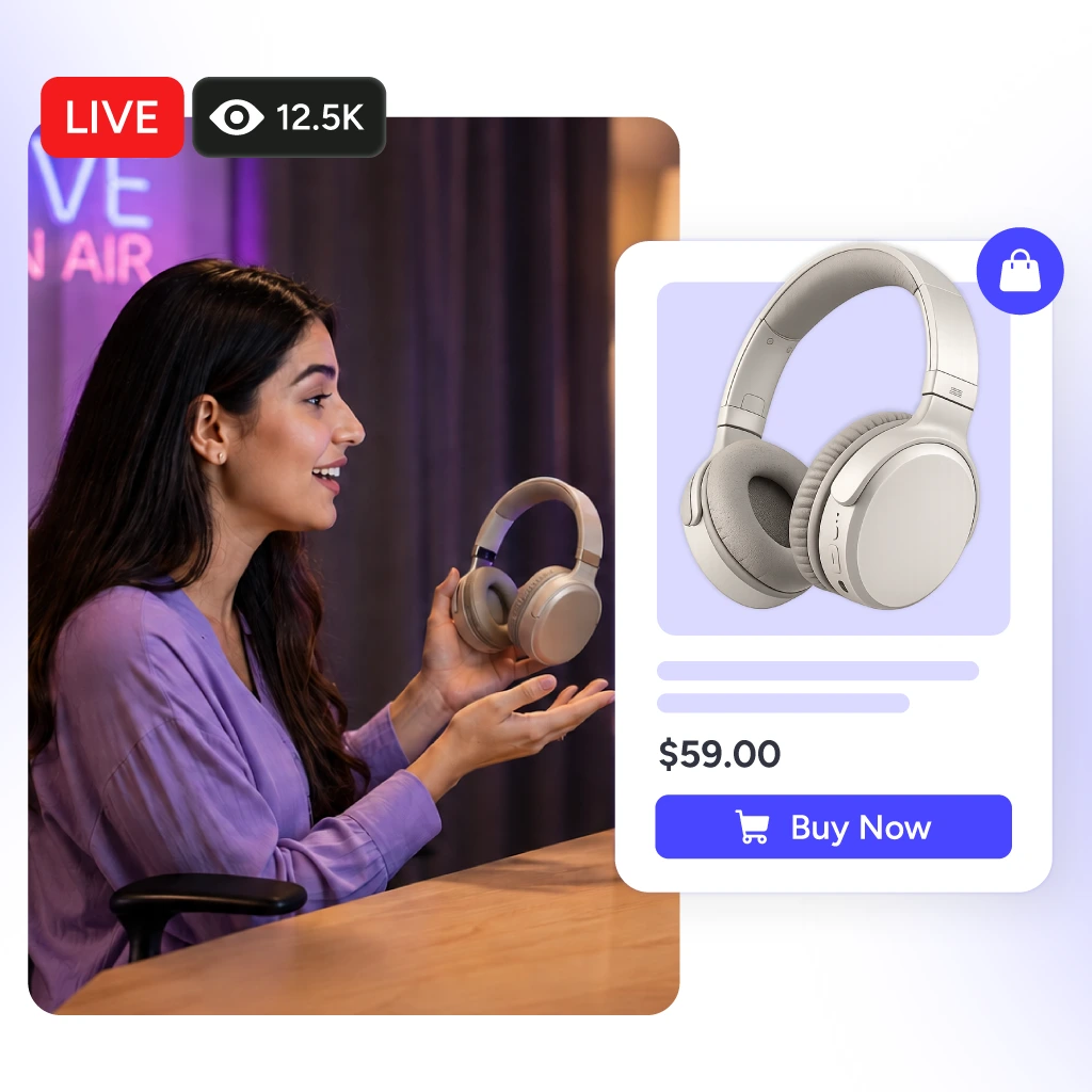 Live Sales shoppable product card with product title, price, and scannable QR code
